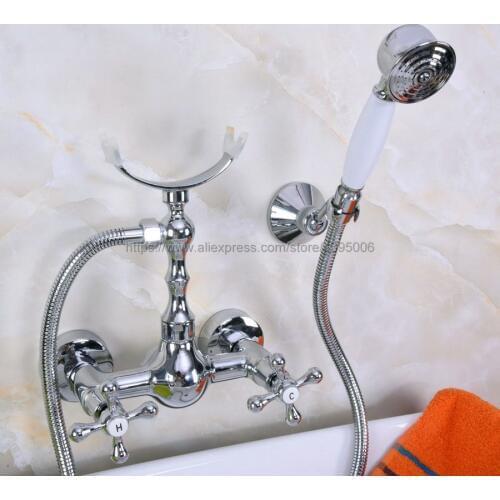 Polished Chrome Wall Mount Bathroom Shower Faucet Bath Mixer Tap Two Cross Handles Tub Faucet with Hand Shower Bna250