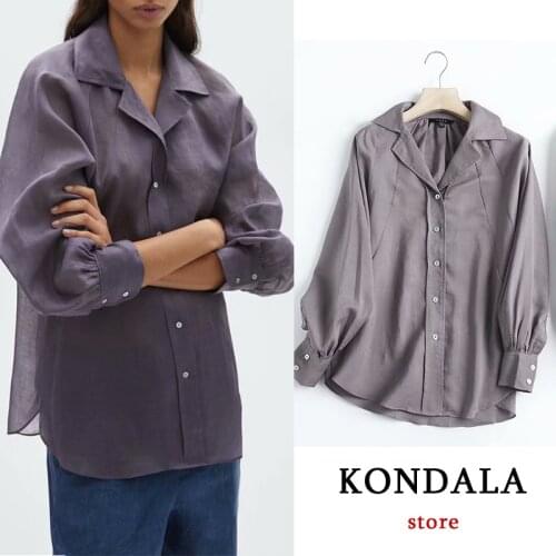 KONDALA Za Office Lady 100% Hemp Shirts Women Oversized Long Casual Shirts Female Casual Loose Chic Mujer Tops