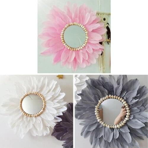 Handmade Macrame Feather Glass Wall Mirror Hanging Dressing Makeup Mirrors for Bathroom Living Room Bedroom Decor