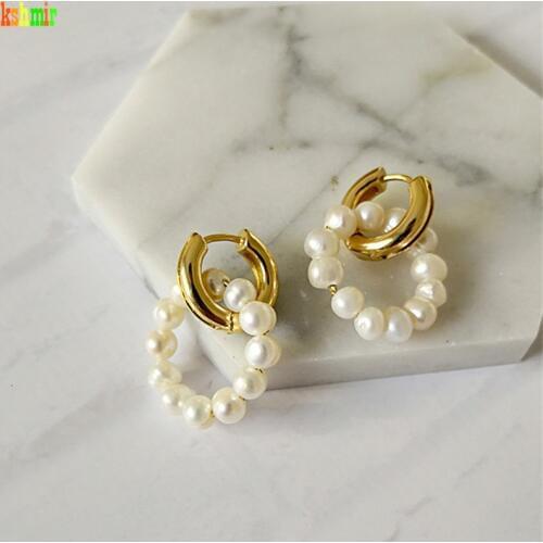 KshmirDouble-circle fresh water pearl circle earrings, layered small pearl ear ring, womens exquisite Bohemian womens earrings