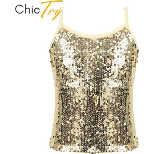 ChicTry Kids Adjustable Spaghetti Straps Sequined Rave Tank Top Girls Stage Performance Dance Costume Gymnastics Ballet Tops