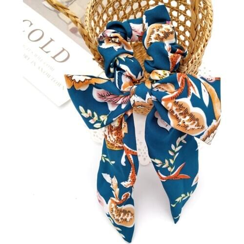 Vintage Big Flower Print Bowknot Scarf Hair Ties Soft Comfortable Scrunchies Rubber Bands Bohemian Elastic Hair Band Headwear