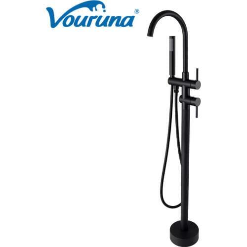 VOURUNA Matte Black High Rise Round Freestanding Bath Filler Tap Floor Mounted Bathtub Faucets Round Style