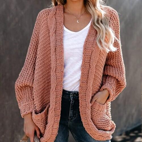 Women Sweaters Fashion Casual 2021 Autumn Winter Pink Twist V-Neck Long Sleeve Pockets Cardigans Loose Coat Pull Femme