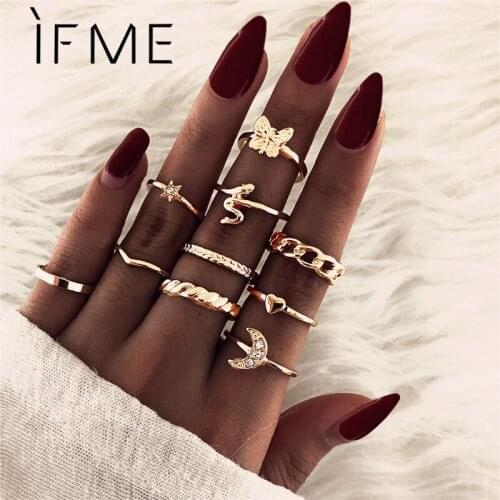 IF ME Vintage Punk Finger Rings Set for Women Geometric Moon Star Chain Butterfly Knuckle Joint Ring Female Fashion Jewelry New