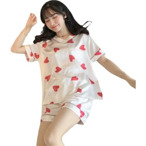 Summer New 2021 Ice Silk Pajamas Womens Short-sleeved Silk Imitation Silk Cartoon Fashion Home Service Womens Outer Wear Suit