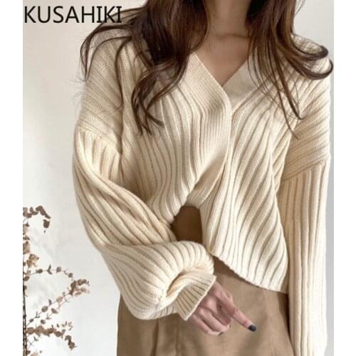 KUSAHIKI Korean Autumn Cardigans Women Knitted Lantern Sleeve V-neck Coat Causal 2021 New Solid V-neck Sweater Jacket 6L296