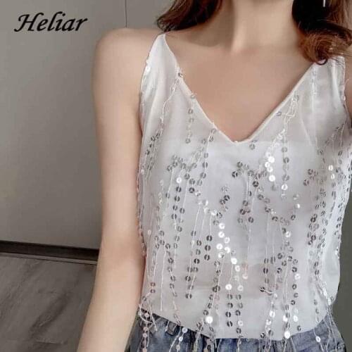 HELIAR Crop Sequined Camis Women V-Neck 2019 Summer Women Night Club Sexy Camisole Ladies Sleeveless Spaghetti Femme Solid Tops