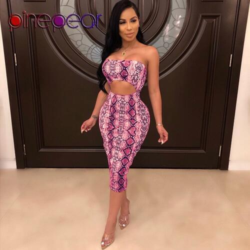 PinePear 2020 New Women Rose Red Snake Skin Print Strapless Hollow Out Bodycon Dress Night Club Party Pencil Dress Drop Shipping