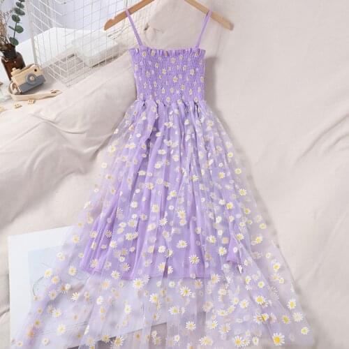 Women Strapless Embroidered Daisy Print Dress Sweet Folds Fungus Spaghetti Strap Mesh Dress Ladies Sleeveless Long Tank Vestidos