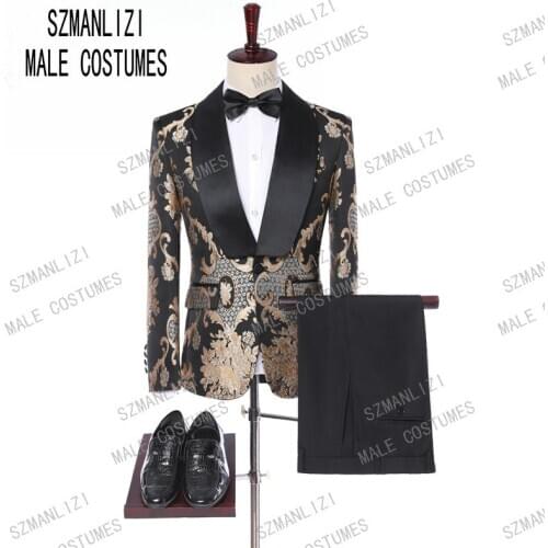 2020 Gold Flower Shawl Lapel Wedding Men Suit Groom Tuxedos Prom Dress Suits Stage Singer Costume Homme Mens Suits With Pants