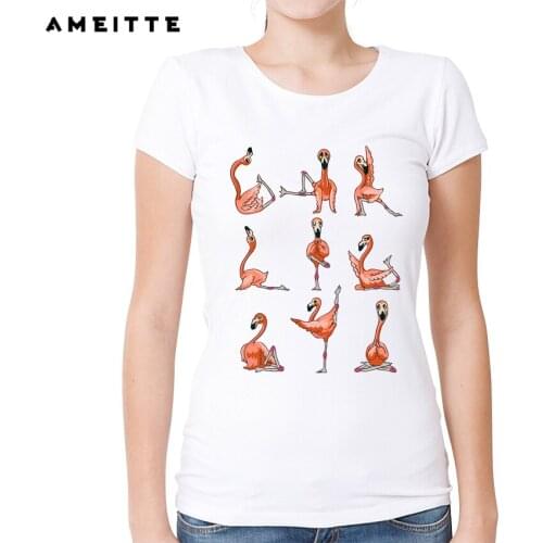 AMEITTE Funny Flamingo Workout T Shirt Creative Animals Bodybuilding Tees For Women Geek Style White Print O-Neck t-shirt Tops