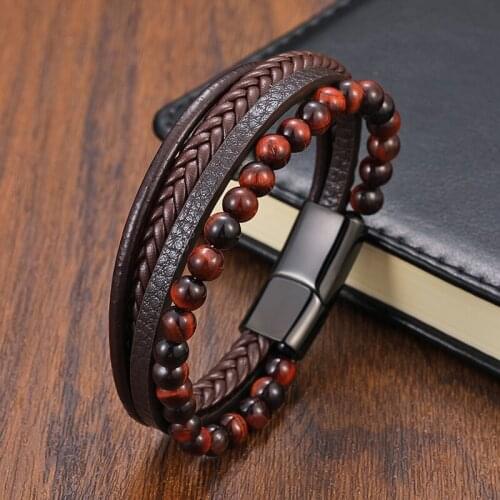 TeHao Bohemian Jewelry Bead Leather Tiger Eye Bracelet Mens Womens Stainless Steel Natural Stone Rosary Love Bracelet Bangle