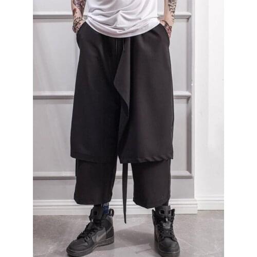 Mens trousers spring and summer nine minutes loose pants culottes false two wide leg pants casual pants big Yamamoto style