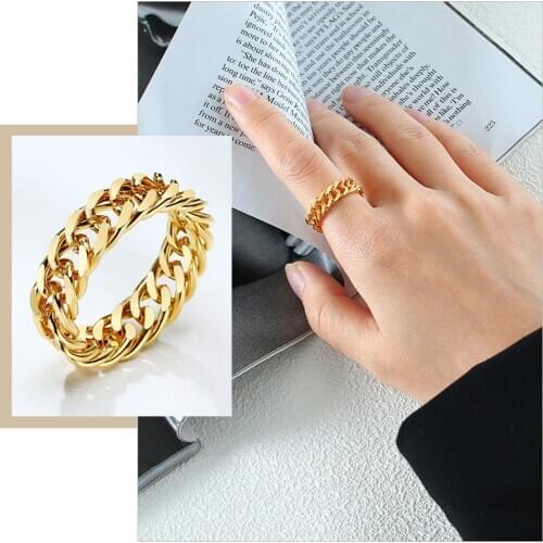 Gold Tone Chain Rings for Women,6/7/14mm Stainless Steel Curb Chain Wedding Band, Chic Minimalist Finger Ring Jewelry