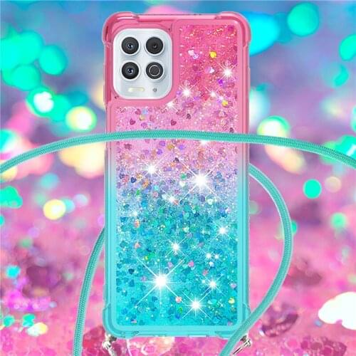 Love Heart Quicksand Phone Case For Moto Edge S Crossbody Necklace chain Glitter Dynamic Liquid Gradient Rainbow Sequins Coque