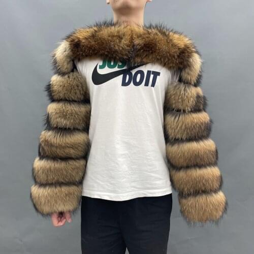 2021 Hot Sale Real Fur Sleeves Fashion Fox Fur Coat Custom Logo Fluffy Warm Raccoon Fur Winter Fur Coat Two Sleeves