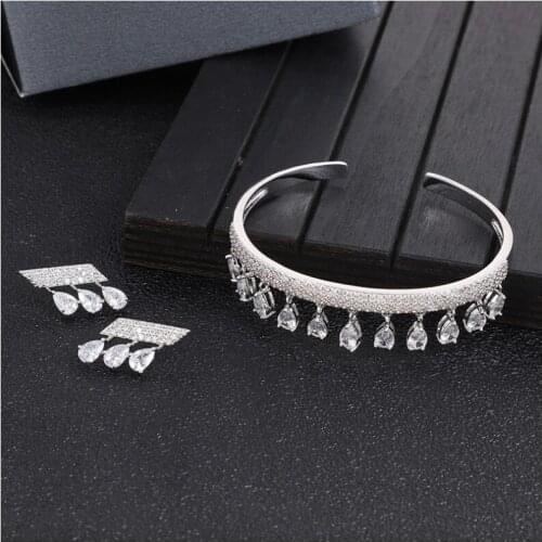 Delicate Arabia Bangle Earring Set Jewelry Set For Women Wedding Trendy Cubic Zircon Crystal CZ aretes de mujer modernos