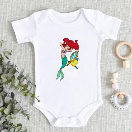 Funny Cartoon Infant Jumpsuit Summer Fashion Harajuku Newborn Bodysuit The Little Mermaid Ariel Flounder Print White Baby Romper