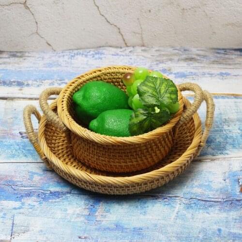 Rattan Round Basket With Handles Vintage Style Storage Organizer Basket For Fruits Vegetables Bread @ls
