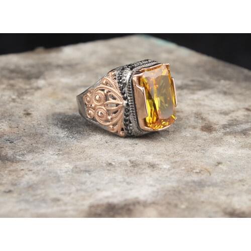Citrine GemStone Men Silver Ring, 925 Sterling Silver Engraved Ring, Citrine Stone Ring For Men
