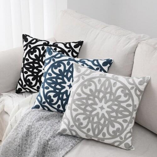 Home Decor Embroidered Cushion Cover Navy Blue Gray Black Floral Canvas Cotton Square Embroidery Pillow Cover 45x45cm
