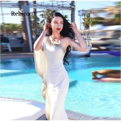 Summer Maxi Dress For Women Asymmetrical Print One-shoulder White Vestidos Dress Mature Women Elegant Party Dresses Robe Femme