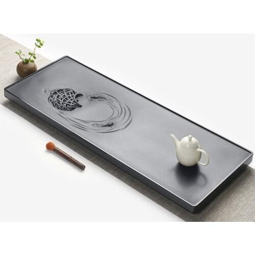 Handmade carved tea tray heavy black stone lotus root fish relief pond design water draining tea boat serving tray table China