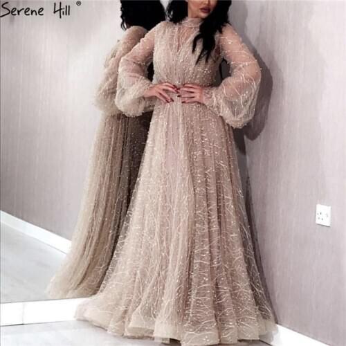 Serene Hill Champange Pearls 2020 Long Latern Sleeves Plus Size Evening Party Wear Dresses Gowns For Women LA60835