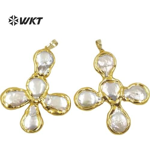 WT-JP273 Wholesale Fashion Gold Electroplated Natural freshwater Pearl pendant Women irregular pearl Cross shape pendants