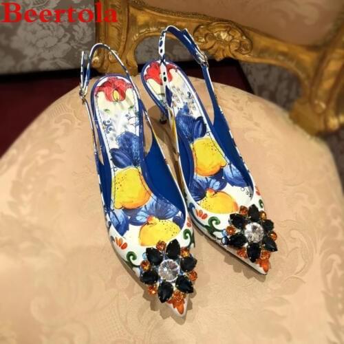 Beertola Womens Sandals Crystal Flowers Slingbacks Large Size Summer Shoes Women Pointed Toe Dress Shoes Women 6CM Women Pumps