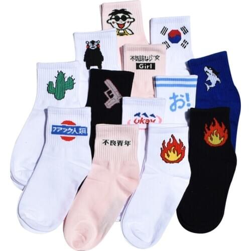 Women Daily Socks Harajuku Korea Japanese Cotton Kitten Flame Ulzzang Socks Men Chinese Cactus Gun Shark Alien Christmas Socks