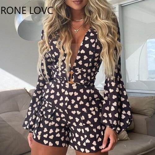 Women V-Neck Heart Print Plunge Neck Romper Long Sleeves Romper Summer Sexy Romper