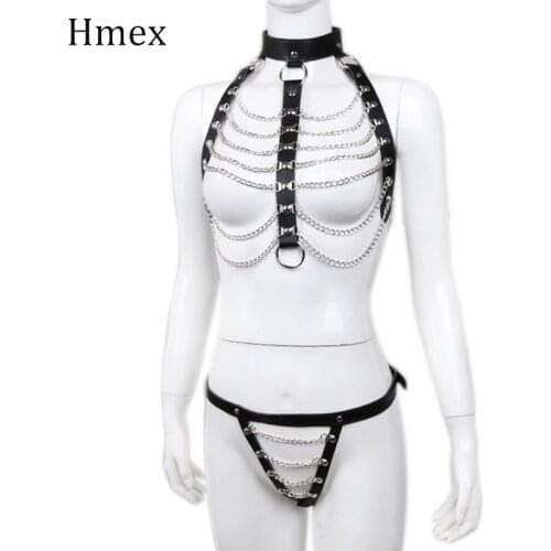 Women Leather Harness 2 Piece Set Rave Fetish Belt Chain Punk Sexy Bra Garter Belt Female Body Bondage Cage Chest Straps Gothic