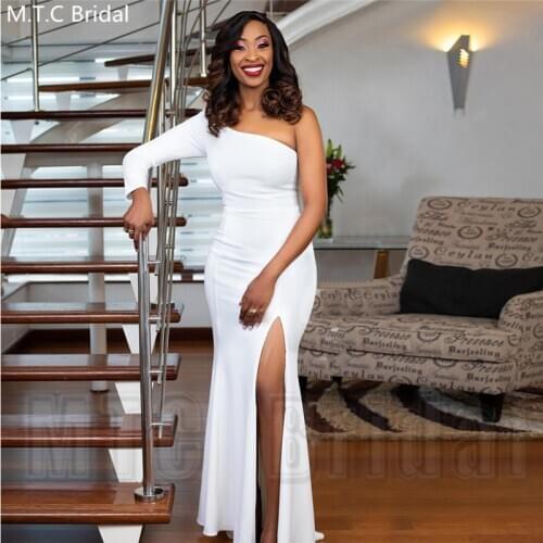 White One Shoulder Mermaid Bridesmaid Dress Long Sleeve Side Slit Elastic Satin Maid Of Honor Plus Size Dresses Robe De Soiree