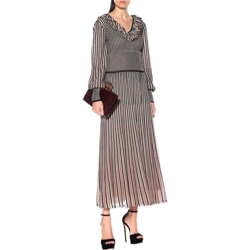 Top Quality Jacquard Long Sleeve Striped V-Neck Rayon Bandage Dress Maxi Long Dress Women Party Dress