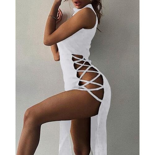 2021 Women Summer Holiday Mock Neck Plain Sleeveless Hollow Out High Slit Solid Lace Up Sexy Exotic Bandage Maxi Dress Club Wear