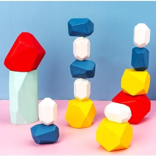 15pcs Wooden Colored Stone Jenga Building Block Educational Toy Creative Nordic Style Stacking Block Game Rainbow Wooden Toy