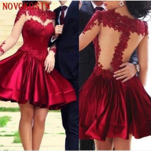 2019 Real Sample Long Sleeves Short Mini Dress Solid Satin Student Graduation Dresses Appliqued See Through Bridesmaid Dress