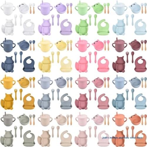67JC 8 Pcs Baby Silicone Bib Divided Dinner Plate Sucker Bowl Spoon Fork Straw Cup Set Training Feeding Food Utensil Dishes