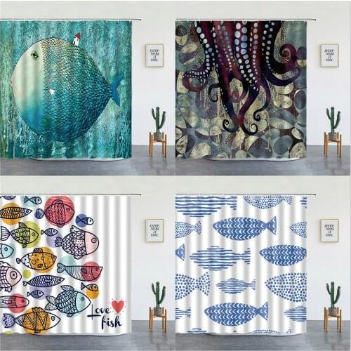 Colorful Cartoons Fish Shark Shower Curtains Ocean Life Childrens Bathroom Home Decor Cloth Curtain Set Waterproof Bath Screens