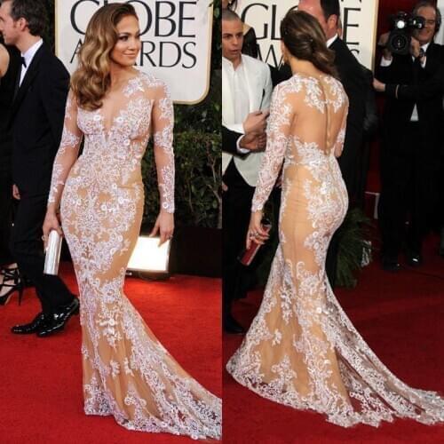 Chamagne Celebrity Dresses Mermaid Scoop Long Sleeves Tulle Appliques Lace Long Famous Formal Red Carpet Dresses