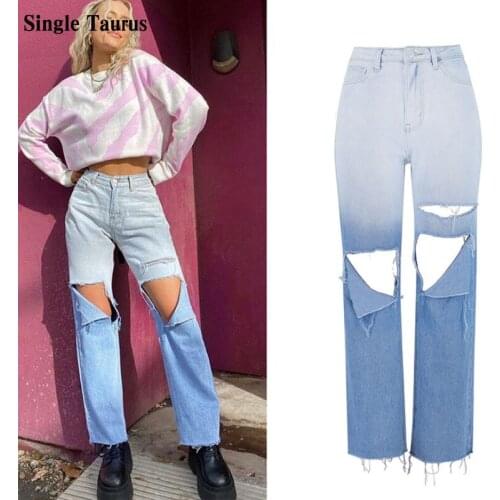 Gradient Straight Loose Wide Leg Jeans Girls High Waist Streetwear Distressed Casual Ripped Boyfriend Mom Denim Pants Trousers