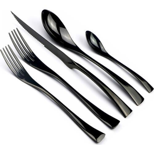 JASHII 5Pcs Black Stainless Steel Dinnerware Plate Silverware Dinner Steak Knives Dessert Forks Teaspoon Tableware Cutlery Set