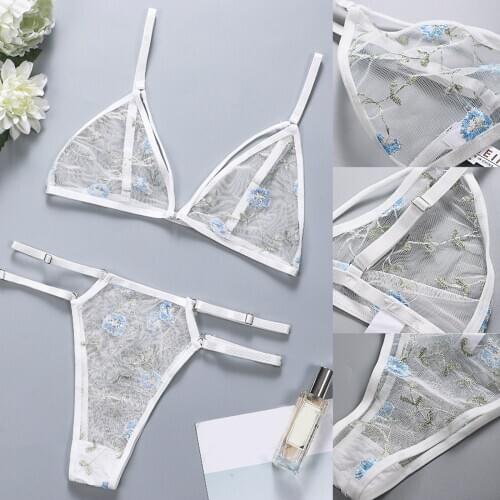 Erotic Lingerie Sets Bra Blue Flowers Embroidery Temptation Sexy V Neck+White Thong Pajamas for Women Hot Sale Bielizna Damska