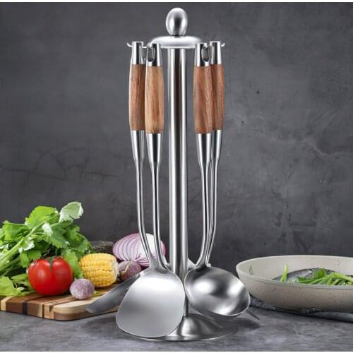 304 Stainless Steel Kitchenware Solid Wood Handle Frying Spatula Soup Spoon Cooking Tools Household Kitchen Supplies