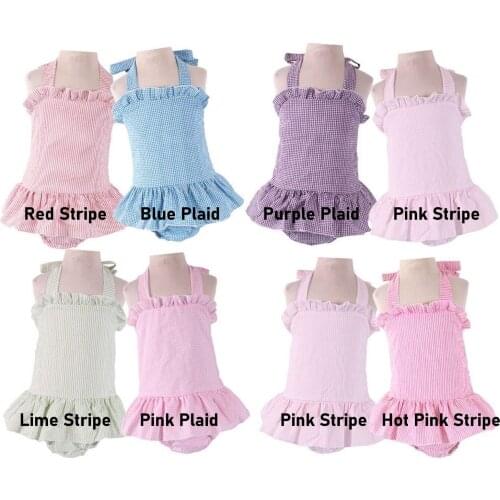 100% Cotton Toddler Infant Baby Girls Swimsuits Buffalo Plaid Seersucker Onesie Ruffle Swimwear