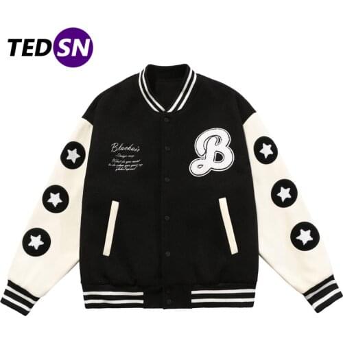 Streetwear Men Baseball Coat Bomber Jacket Hip Hop Harajuku Funny Hamburger Fruit Embroidery Jacket 2021 Cotton Loose Outwear
