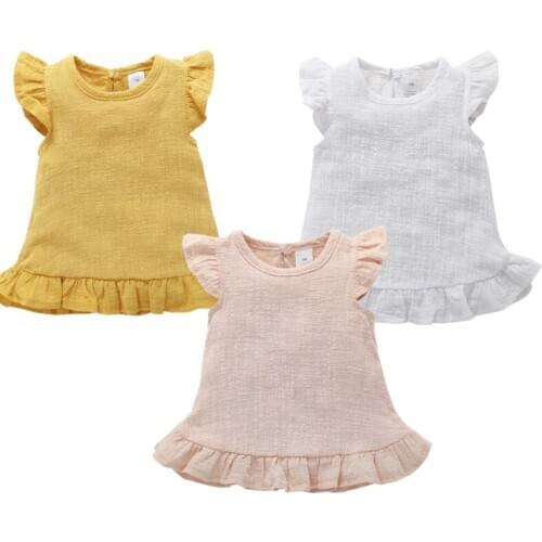 12M-3T 2018 summer new girls linen solid colored lace dress, three color Princess T-shirt girl clothes