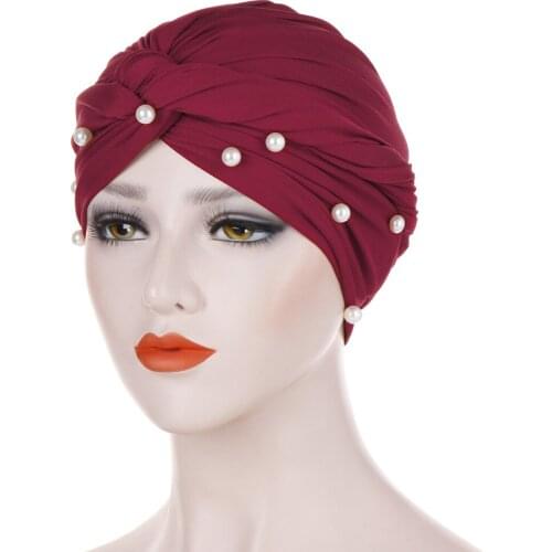 Trendy muslim cotton hijab caps solid color pearl wrap turban bonnet arab headdress Inner hijab cap Islamic head cover for women